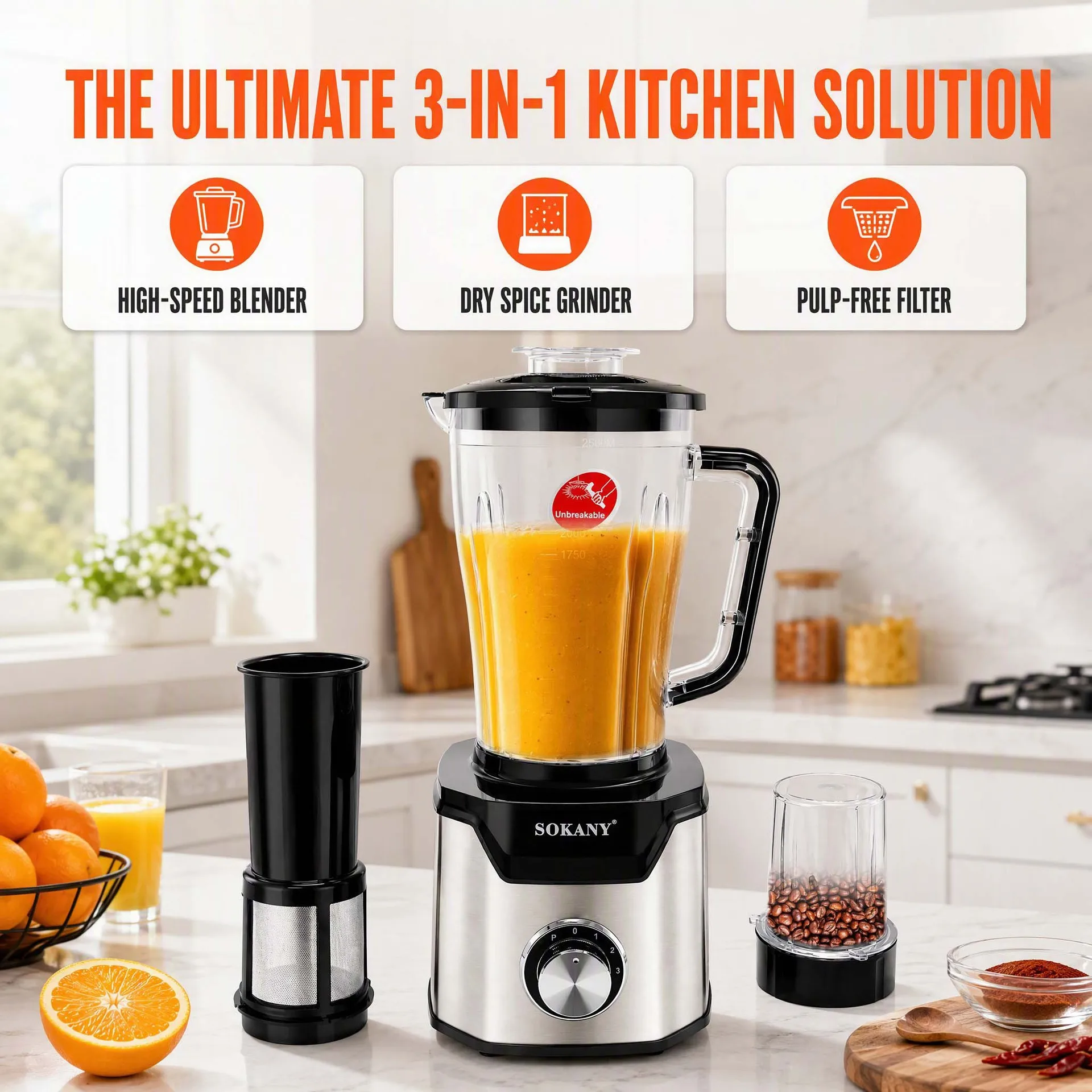 3-in-1 multifunction juicer, grinder, and blender with 2.5L big capacity, adjustable speeds, and pulp separation