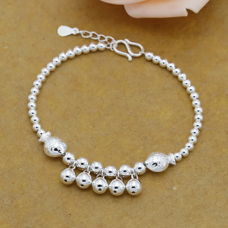 

999 Silver Women'S Fish Bell Hand Jewelry Round Bead Tassel Bracelet
