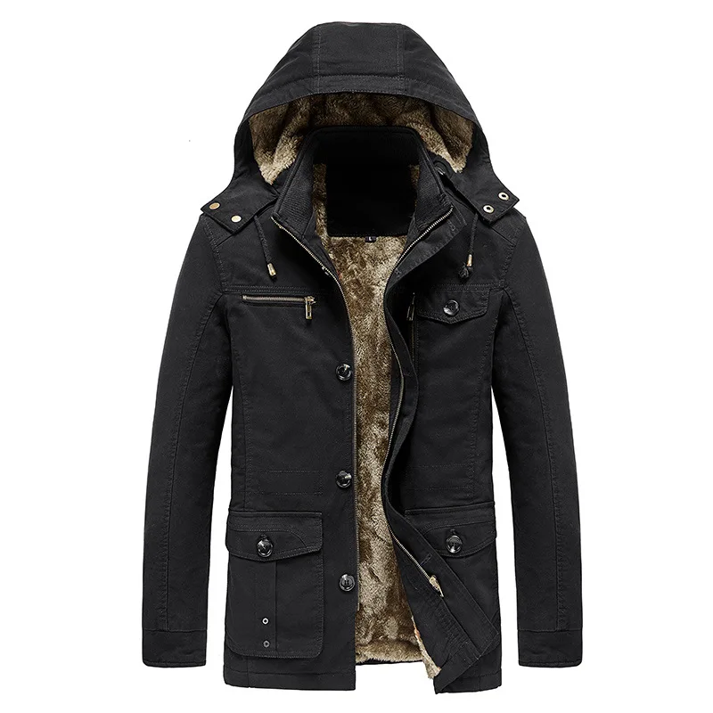 

New Winter Men Hooded Fleece Warm Casual Down Jackets Quality Male 100% Cotton Slim Long Trench Coats Thicker Parkas Size 5XL