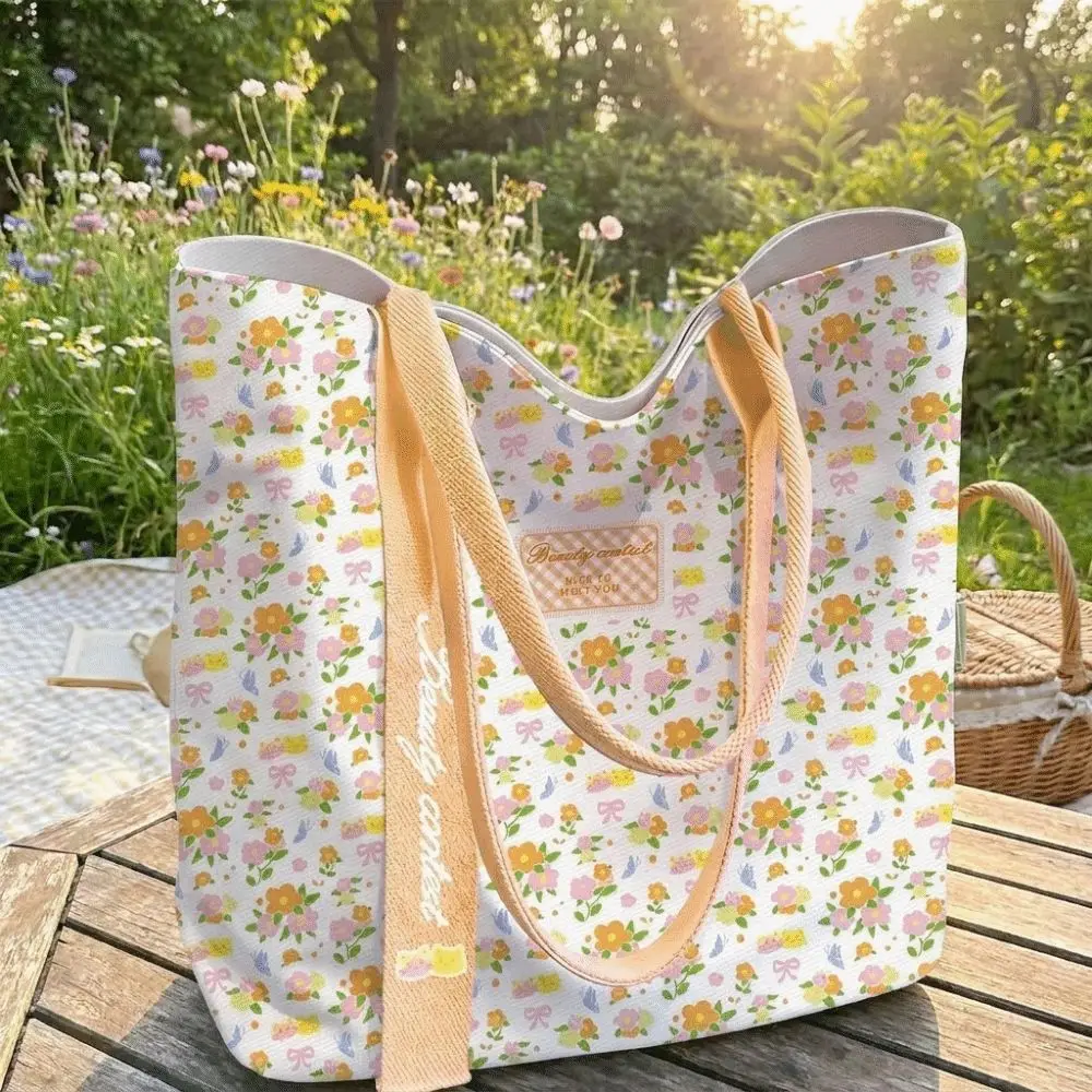 Durable Floral Canvas Bag Large Capacity Lightweight Tote Bag Versatile Reusable Lunch Bag Daily