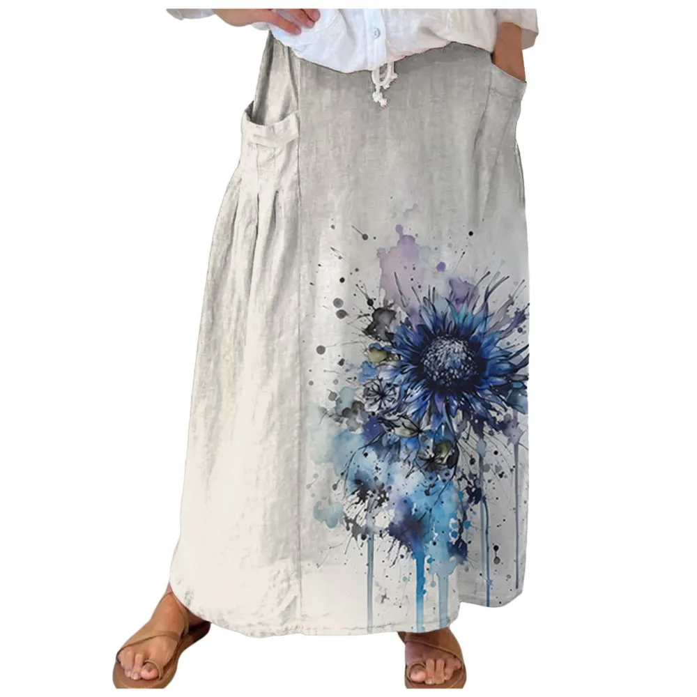 Spring Autumn High Waist Loose Pocket Long Skirt Fashion Butterfly Floral Print Skirts For Women Vintage Casual Women's Clothing