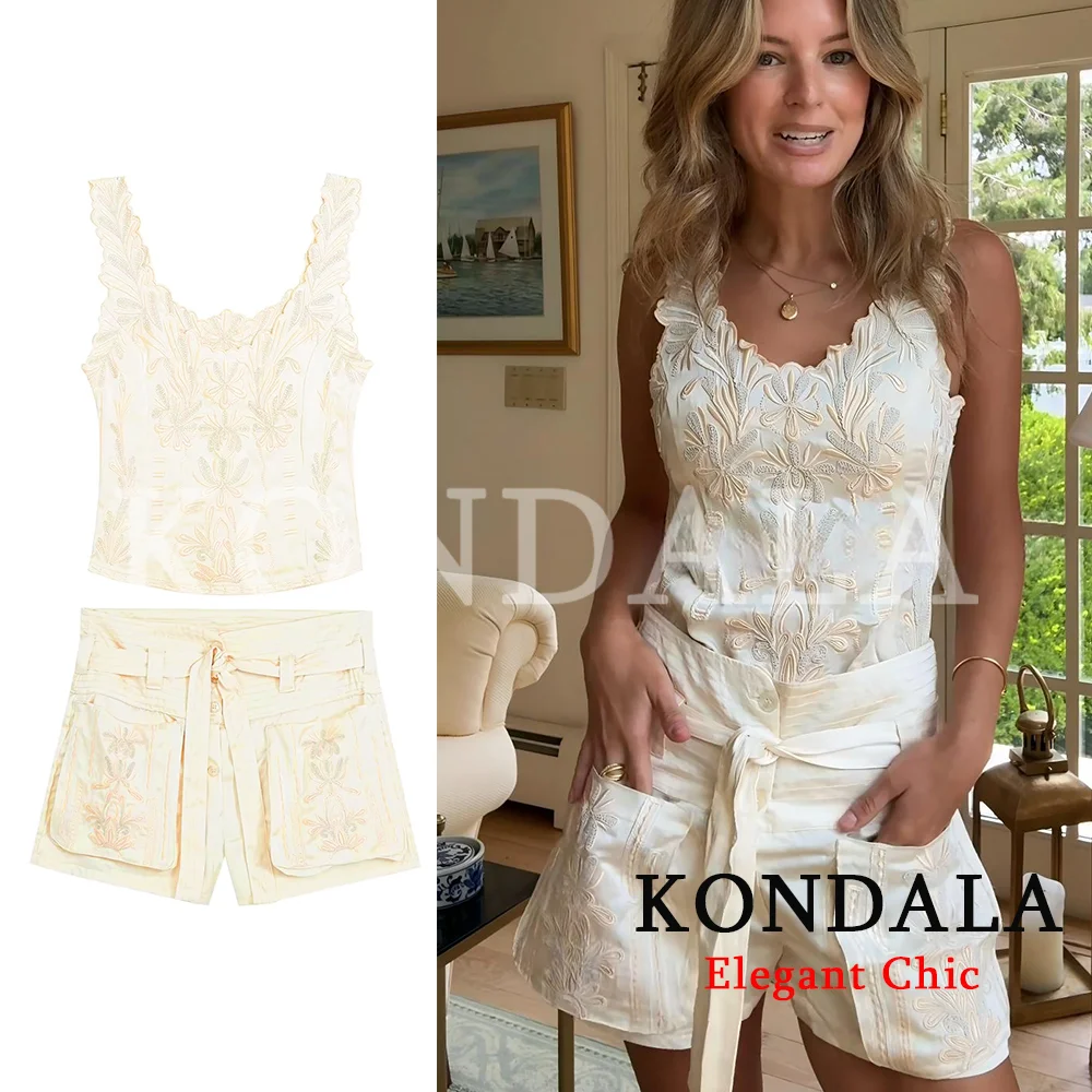 KONDALA Women Trendy Embroidery Luxury Shorts Set Sleeveless Top Belt Shorts New Fashion 2026 Summer Fall Holiday Party Lady Set