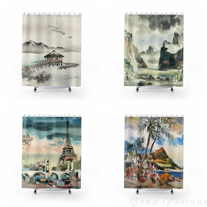 

Elegant Natural Scenery Of The Tropical Coast And Eiffel Tower Waterproof Shower Curtain Bathroom Decor