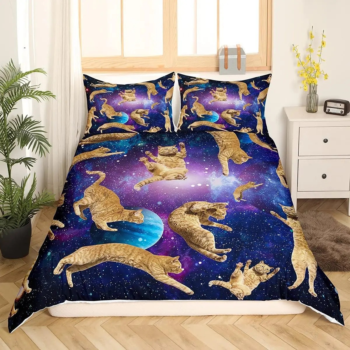 Galaxy Cute Cat Duvet Cover Set Single Size Space Universe Planets Bedding Set With 1 Pillowcase For Kids Girls