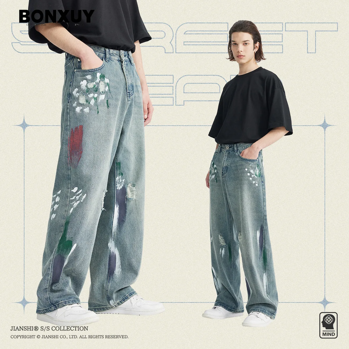 BONXUY American street graffiti contrasting straight jeans men's loose ripped casual wide-leg floor-length trousers