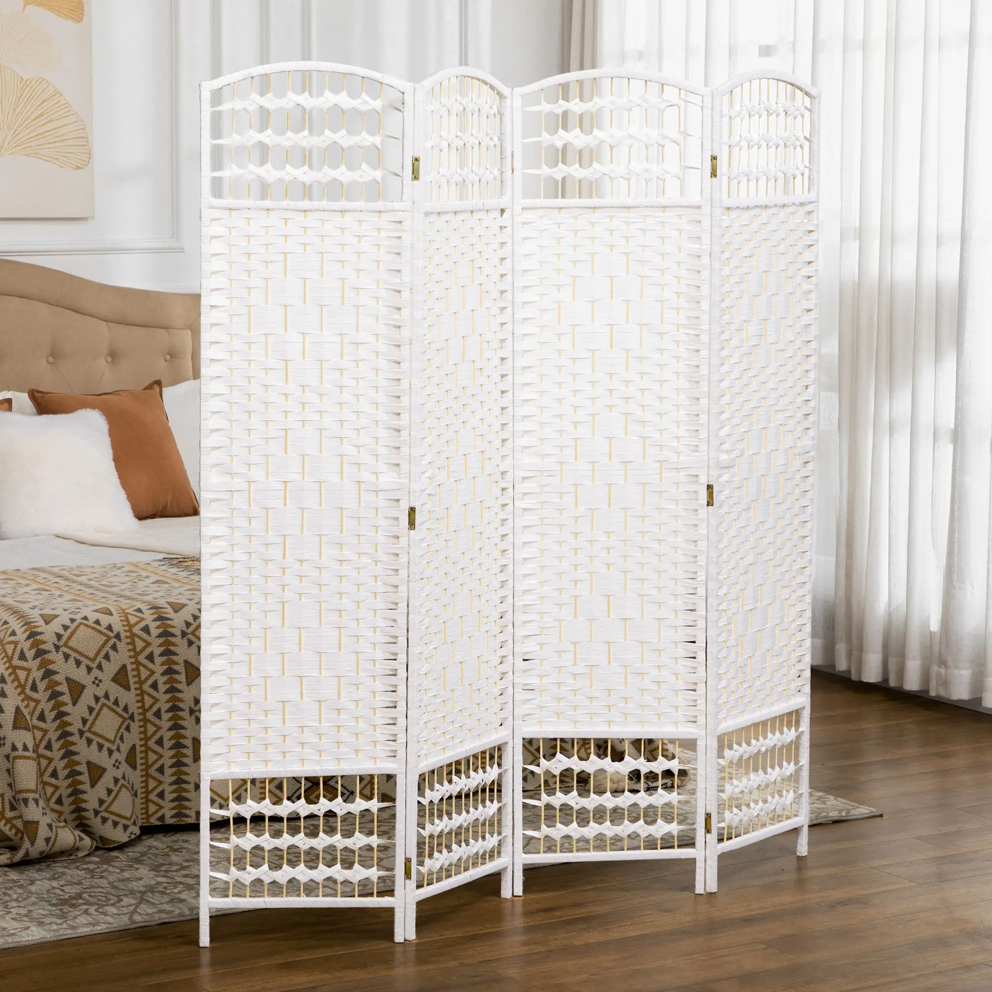 4-Panel White Wave Fiber Folding Privacy Screen, Freestanding Room Divider for Home Office
