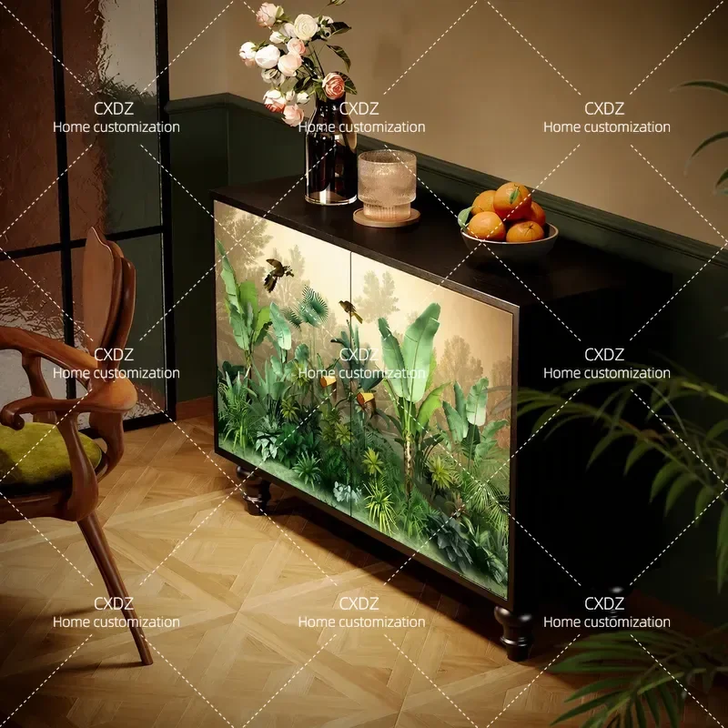French retro green plants, flowers and birds, pure solid wood tall cabinet, living room storage against the wall, dining room