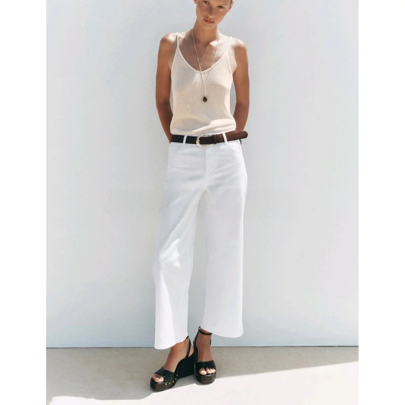 Jean en Denim taille haute à jambes larges pour femmes, nouveau Design d'été avec ceinture, cinq kets, pantalon Long décontracté, coupe ample