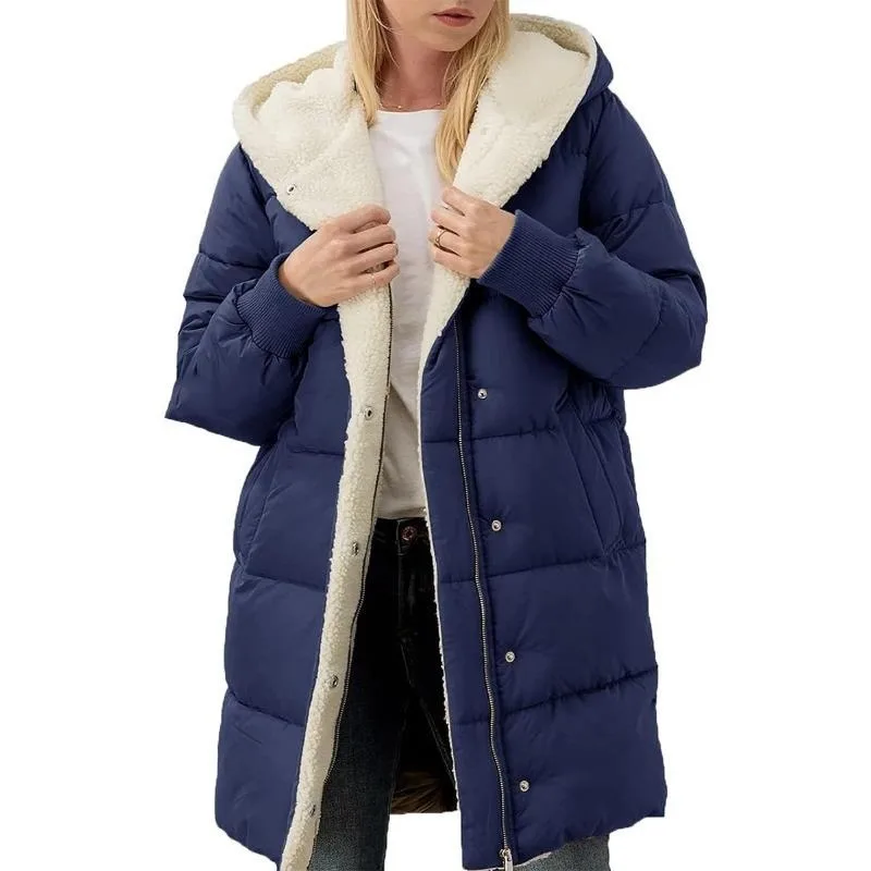 Women's Clothing Solid Warm Fleece Hooded Cotton Coat Long Sleeves Double-sided Velvet Slim Fit Elegant Cardigan Outerwear Top