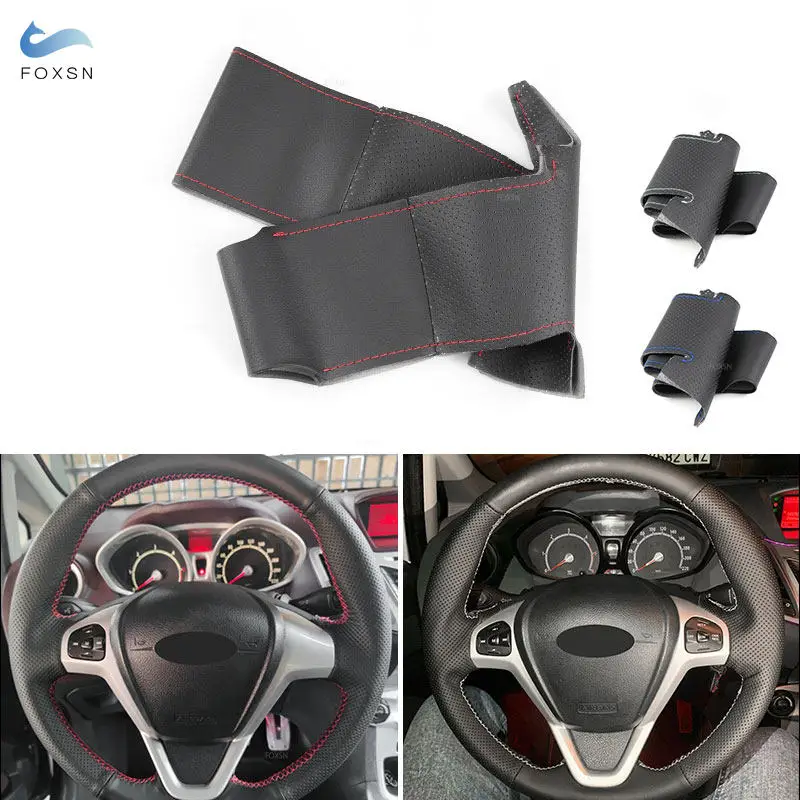 For Ford EcoSport 2014-2017 For Fiesta 2008 - 2017 Car Steering Wheel Cover Perforated Microfiber Leather Interior Accessories