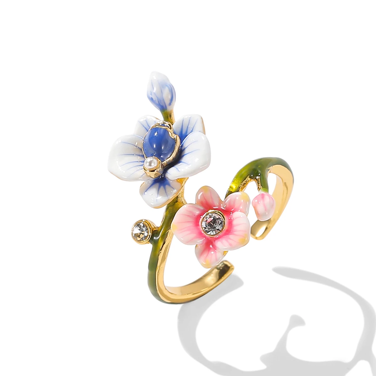 

Original fresh temperament enamel glaze orchid bud opening adjustable ring fashion Joker pink and blue flower ring jewelry.