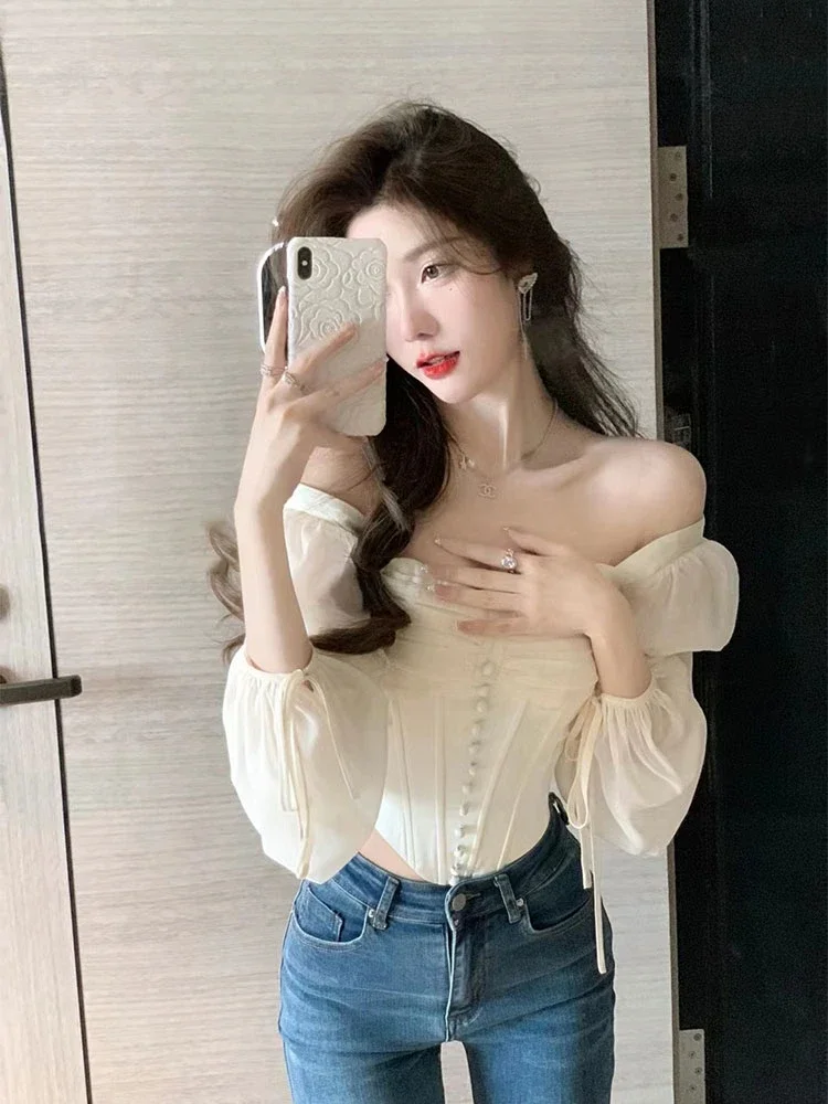 Sexy Blusas Mujer Slash Neck Off Shoulder Tunic Blouses for Women Fashion Chiffon Lantern Sleeve Shirts Crop Tops Summer Blouse