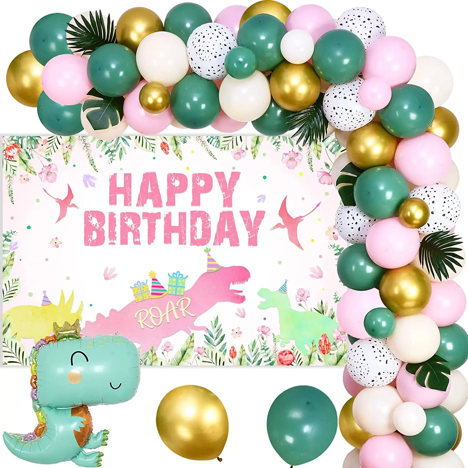 

JOYMEMO Dinosaur Decorations for Girl Birthday Party Pink Green Dinosaur Balloon Garland Arch Dinosaur Happy Birthday Backdrop