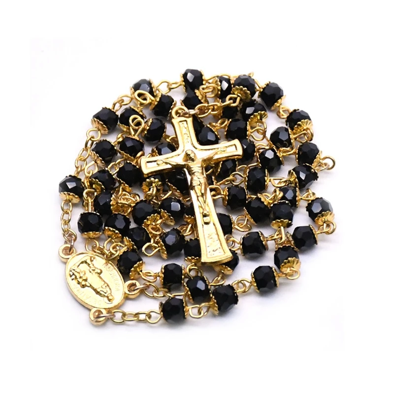 Catholic Jewelry Black Glass Crystal Beads Fatima Cross Pendant Rosary Necklace For Men Women