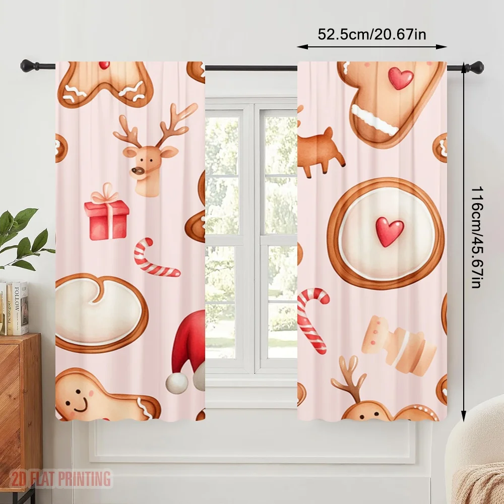 2pcs,2D plane printing Curtain Popular Christmas Cookies Cute (2) Versatile Polyester (without rod) Festive for Kitchen Living