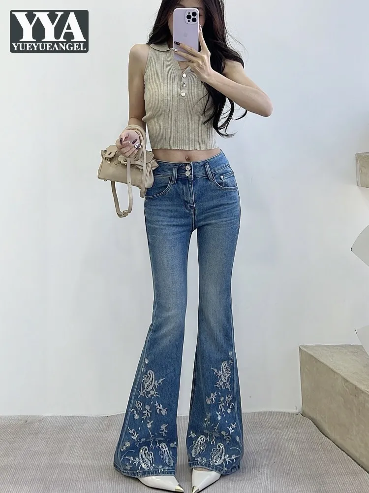 

Spring New Fashion Women Versatile Blue Slim Fit Diamonds Embroidered Jeans High Waist Denim Trousers Casual Long Pants Hot Sale