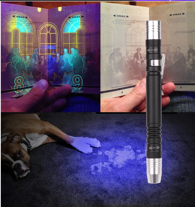 Mini Pen UV Flashlight 2 in 1 Multifunctional 395nm Ultra Violet Torch Lanterna White Purple Light Detector Torch Use 2*AAA