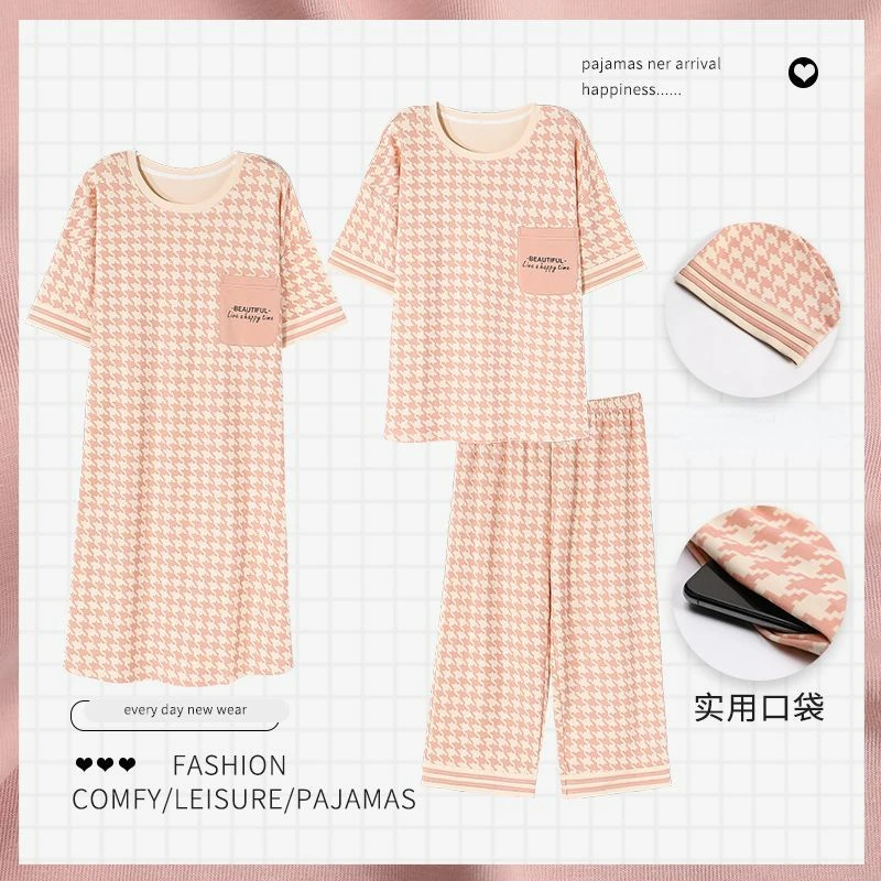 

Pajama Women Summer 2023 New Short-sleeved Cropped Pants Cotton Plus Size Cotton Three-piece Nightdress Fashion Home Clothes