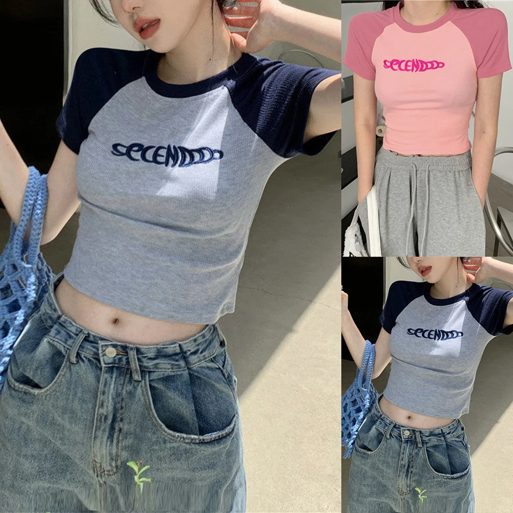 Comfortabele Dames T-shirts Tops Korte mouwen Slanke effen kleur Dames Y2K Alle seizoenen. Casual ronde hals Hot Girls