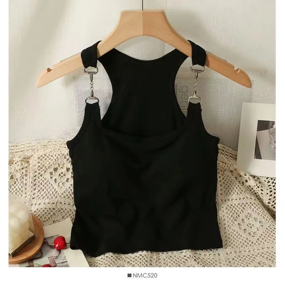 Sleeveless Metal Buckle Strap Vest Fashion Polyamide Plain Threaded Halter Vest U-Strap Pretty Back Cropped Top Women