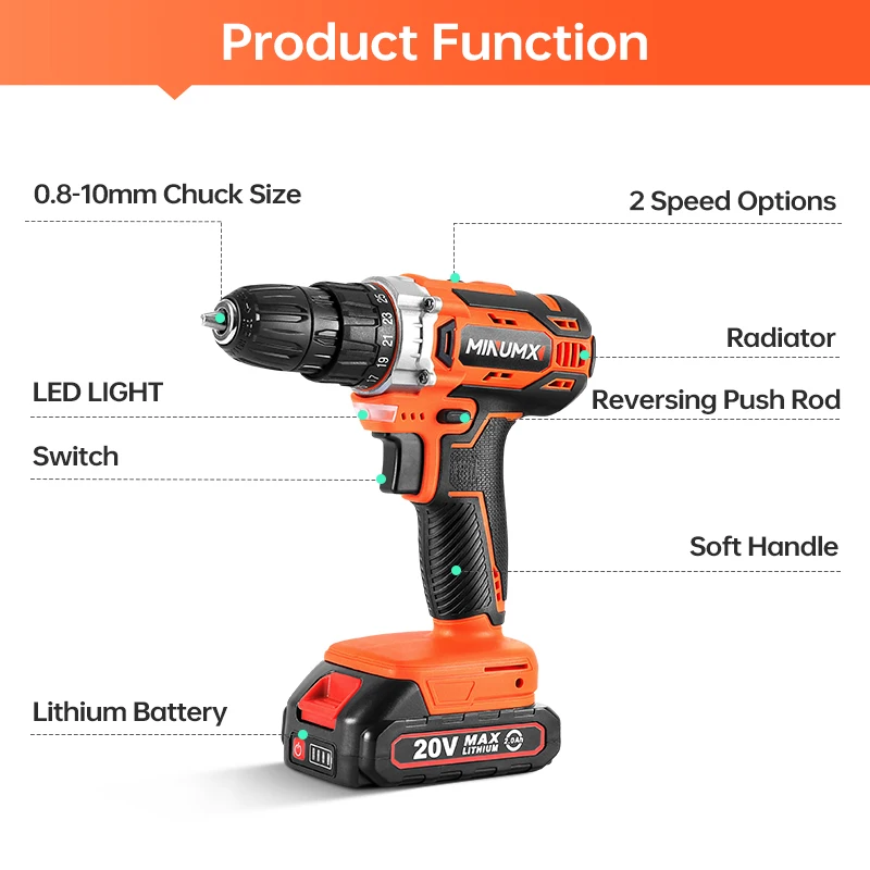 MINUMX 20V Cordless Drill 40N.m 25 Plus 1 Electric Screwdriver Keyless Chuck Two Gear Speed Wireless Power Driver Battery Tools