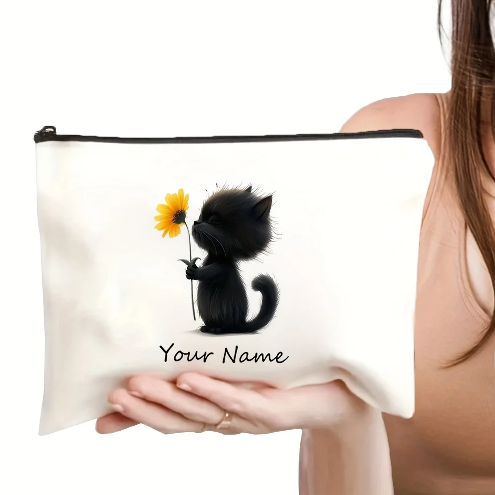 Personalized Makeup Bag Customizable Name/Text Cute Black Cat and Sunflower Design Spacious Zippered Travel Cosmetic Case