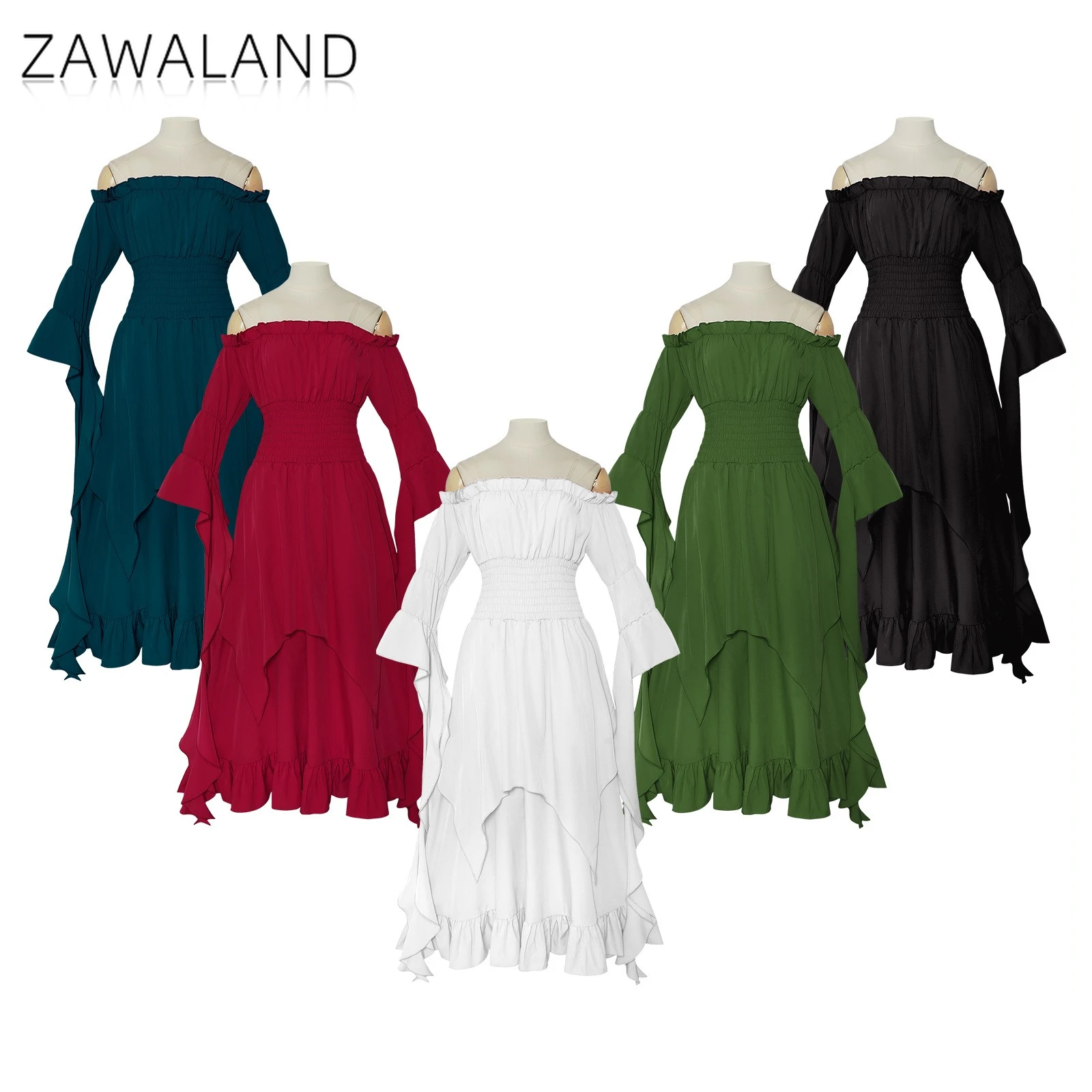 

Revival Solid Color Dress Palace Style Cosplay Costume For Women Off-the-shoulder Long Dress Medieval Stage Performance Outfits