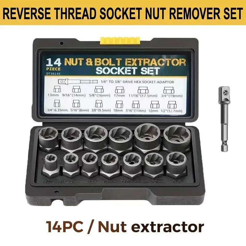 Nut Bolt Extractor Remover Set 14pcs CR MO Steel Impact Socket Kit with Case for Home Garage Auto Maintenance