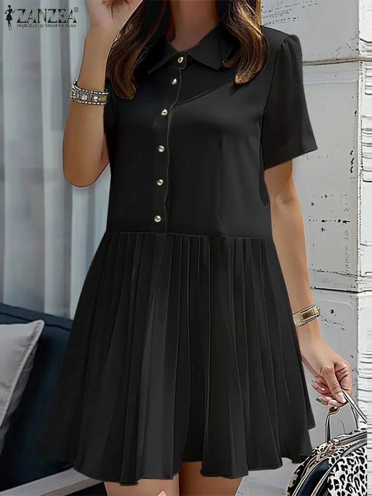 ZANZEA 2024 Summer Short Sleeve Shirt Dress Women Buttons Pleated Robe Fashion Office Vestidos Vintage Lapel Collar Work Dresses