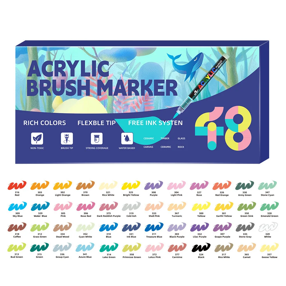 

48 Colors Acrylic Marker Pen Soft Brush Nib Art Markers for Rocks Tiles Glass Ceramic Pens Painting DIY Art Supplies