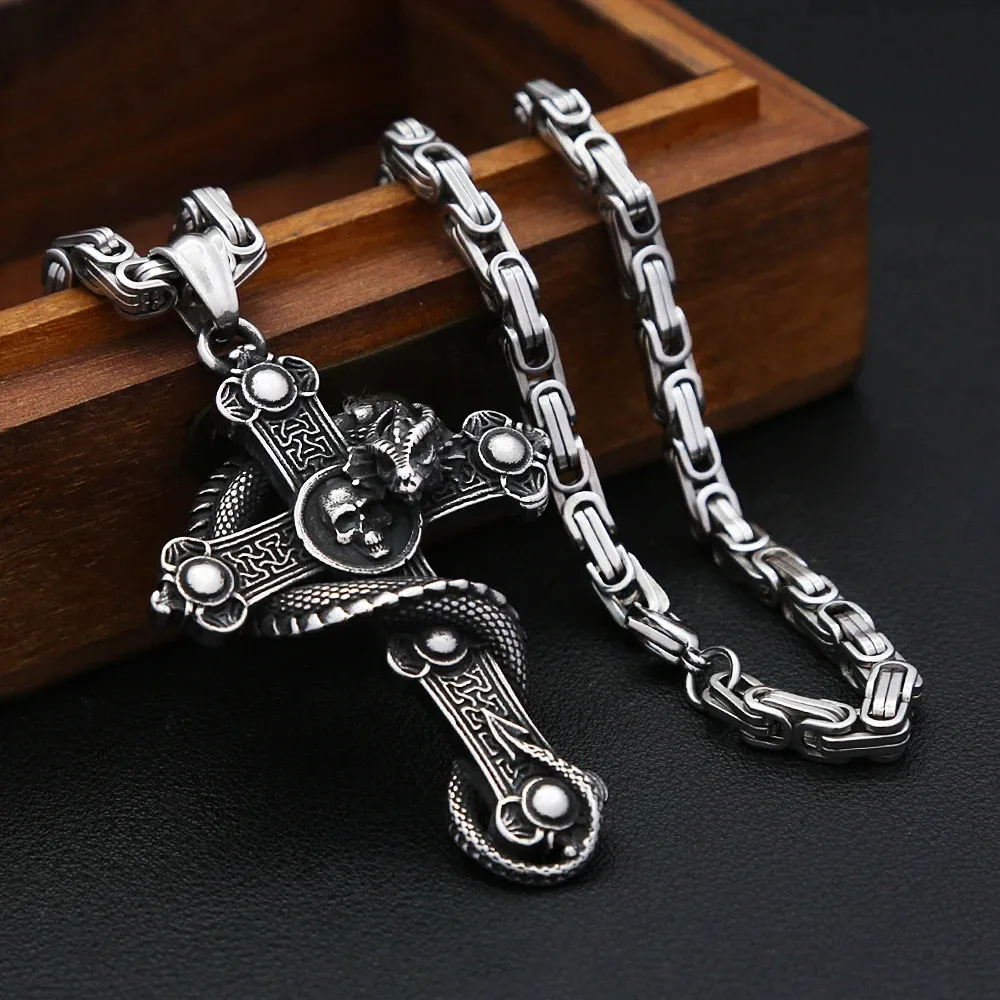 Snake Cross Skull Stainless Steel Pendant Necklace Serpent Wrapped Cross Unisex Punk Hip Hop Gothic Fashion  Jewelry Wholesale