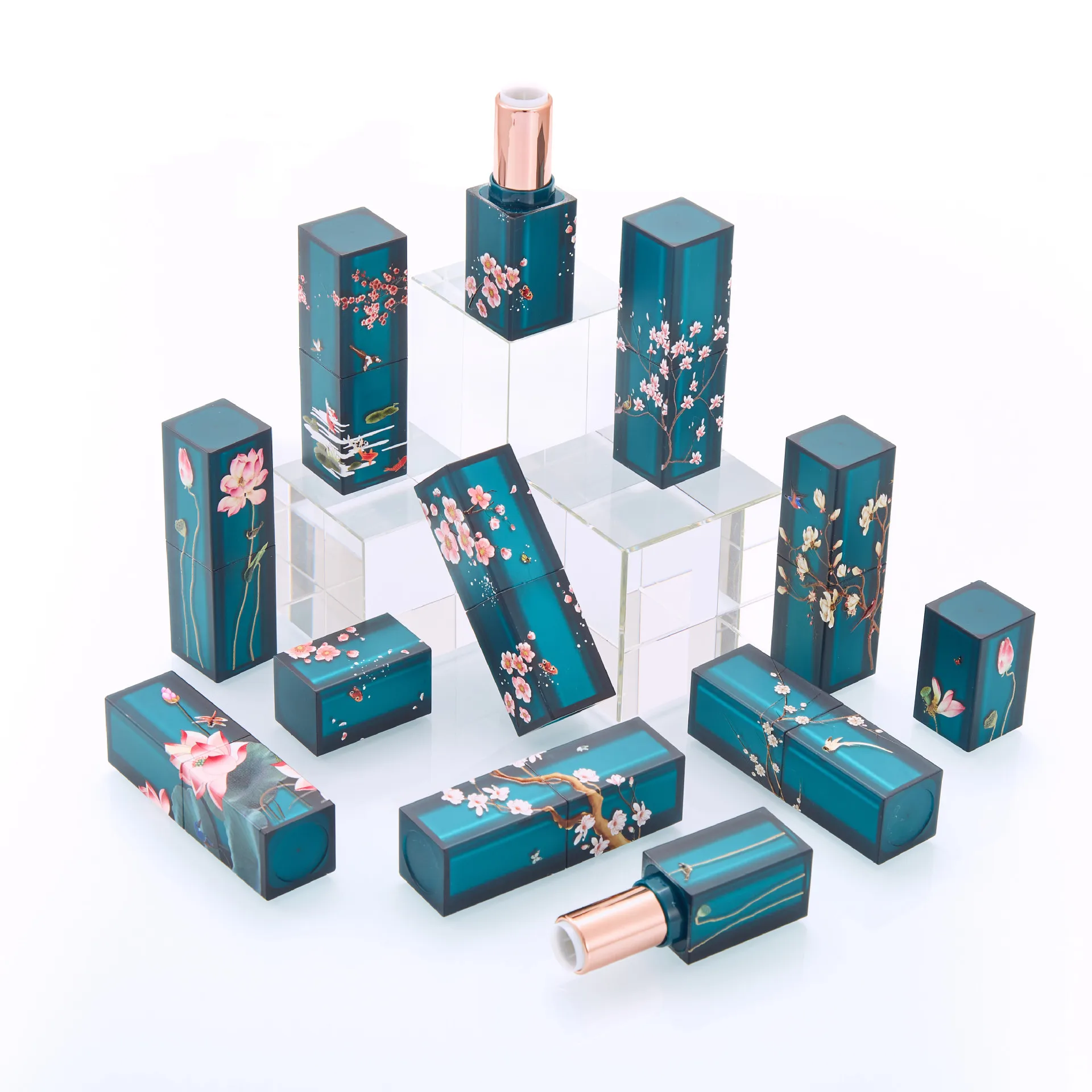 4g Lipstick Tube 12.1mm 3D Square Empty Green Frosted DIY with Sample Pack Bottle Makeup Tool Lip Balm Container Lip Tube Travel