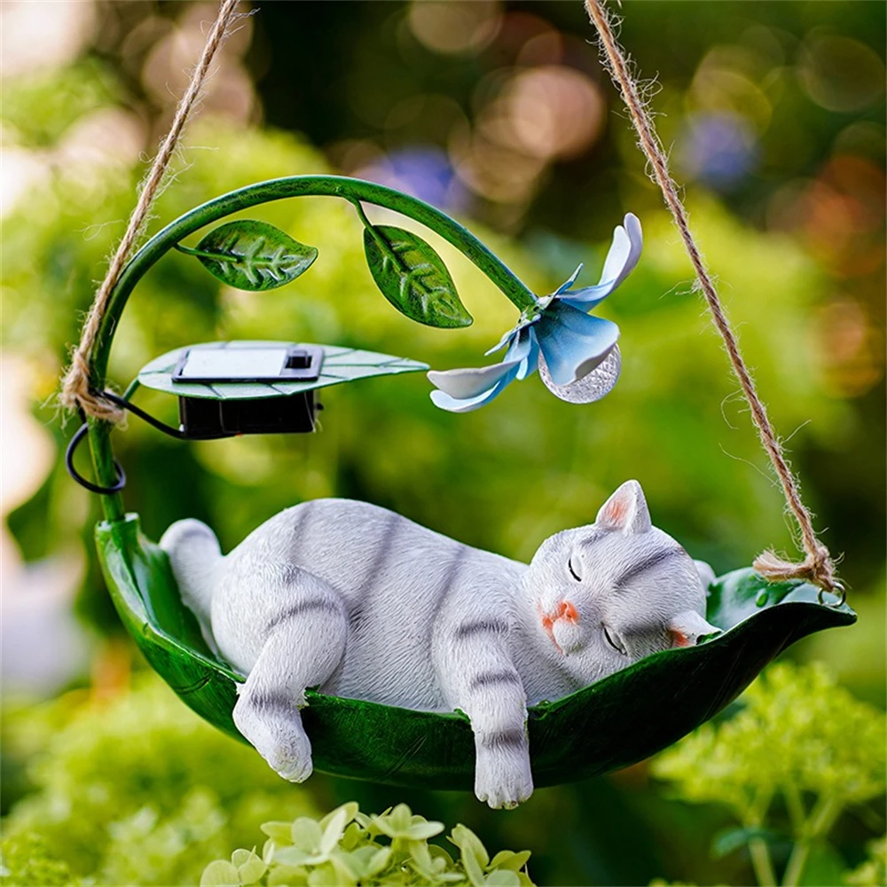 New Swinging Resin Cat Craft Garden Solar Animal Squirrel Statue Ornament Light Tree Hanging Garden Resin Decoration