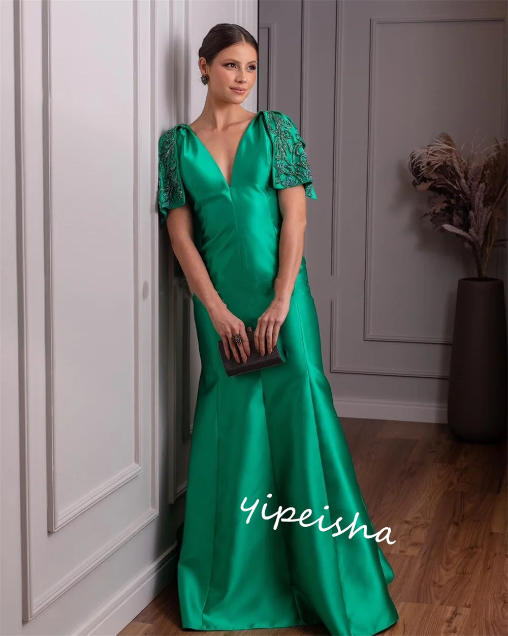 Robe de Soirée Longue en Satin, Drapée, Perles, Sirène, Col en V, sur Mesure, pour Occasions