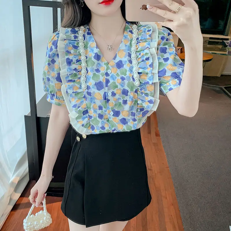 Fashion Pockets Spliced Elegant V-Neck Printed Shirt Female Clothing Chic Pearl Embroidered Flares Summer Single-breasted Blouse