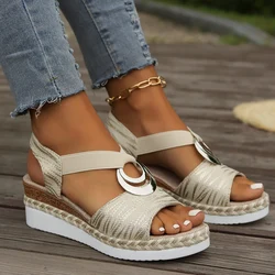 European and American oversized women's sandals with metal buckle decoration, hemp rope slope heel, light soled fish mouth sanda