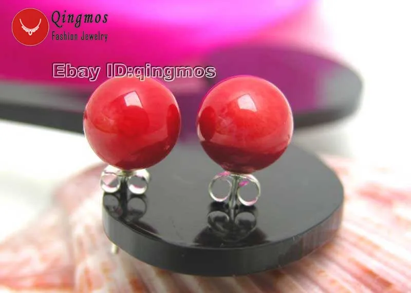 Qingmos Fashion 8mm Round Natural Red Coral Earring for Women with Personality Design Jewelry Antique Silver Plated Stud Earring