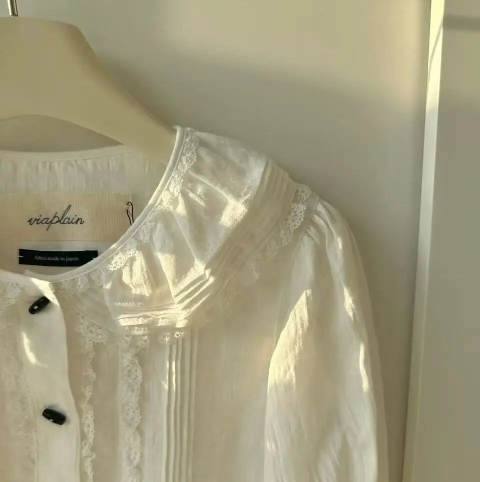 

Retro Lace Trim Doll Collar Long Sve irt Top Dongda Gate Viplain Gentle Sle Loose Fit Cotton Breathable Women's irt