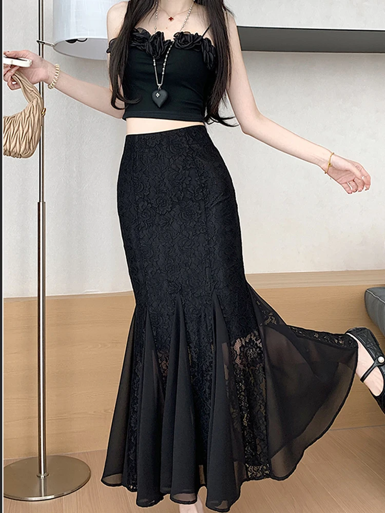 Spitzen-Fischschwanz-Halbrock für Frauen im Sommer, neuer, leichter, luxuriöser, hochwertiger, temperamentvoller, hüftumarmender, plissierter, langer Netzrock