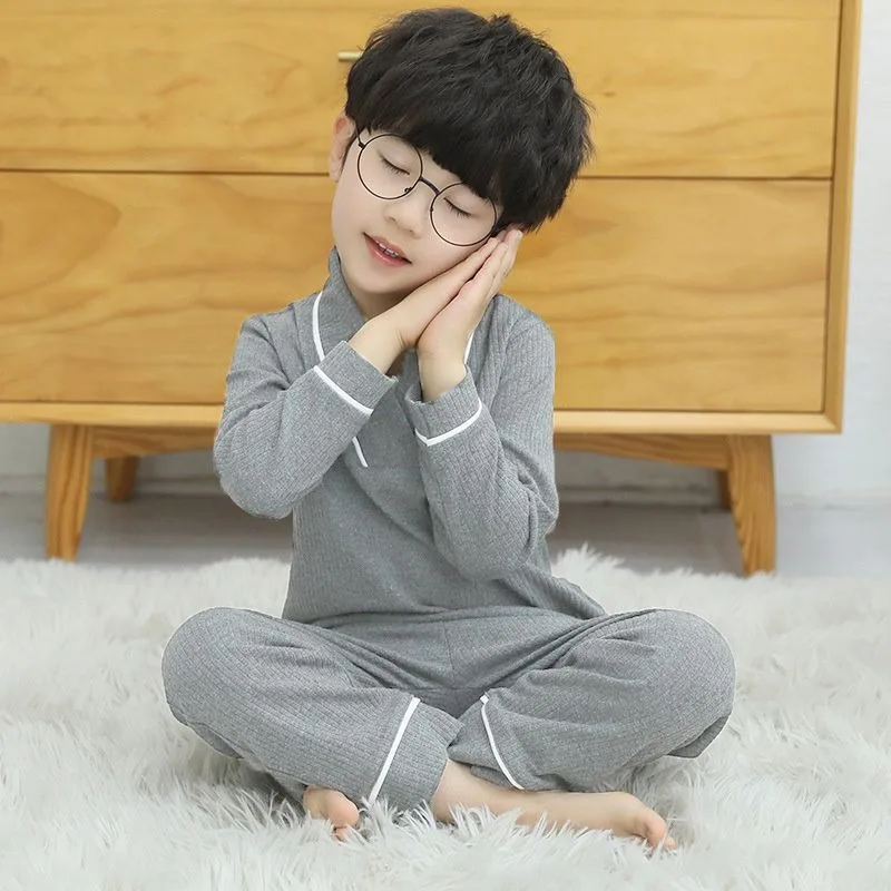 Children's Loose Fit V Neck Pajamas Set Thin Fabric Long Sleeve Wear for Boys Air Conditioning Comfort Seasonal Spring Autumn