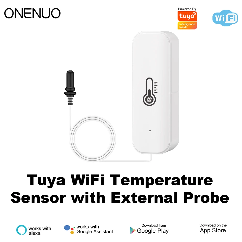 Indoor and Outdoor Tuya WiFi Humidity Temperature Sensor with External Probe for Smart Home APP Monitoring Alexa Google Voice