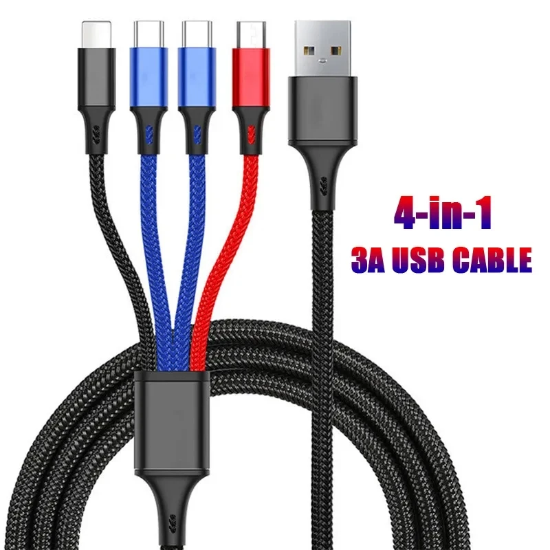 4 в 1 USB-кабель 3A USB A к Micro USB/Type C/8 Pin Kable для iPhone, зарядное устройство, шнур для быстрой зарядки и передачи данных для iPhone 14