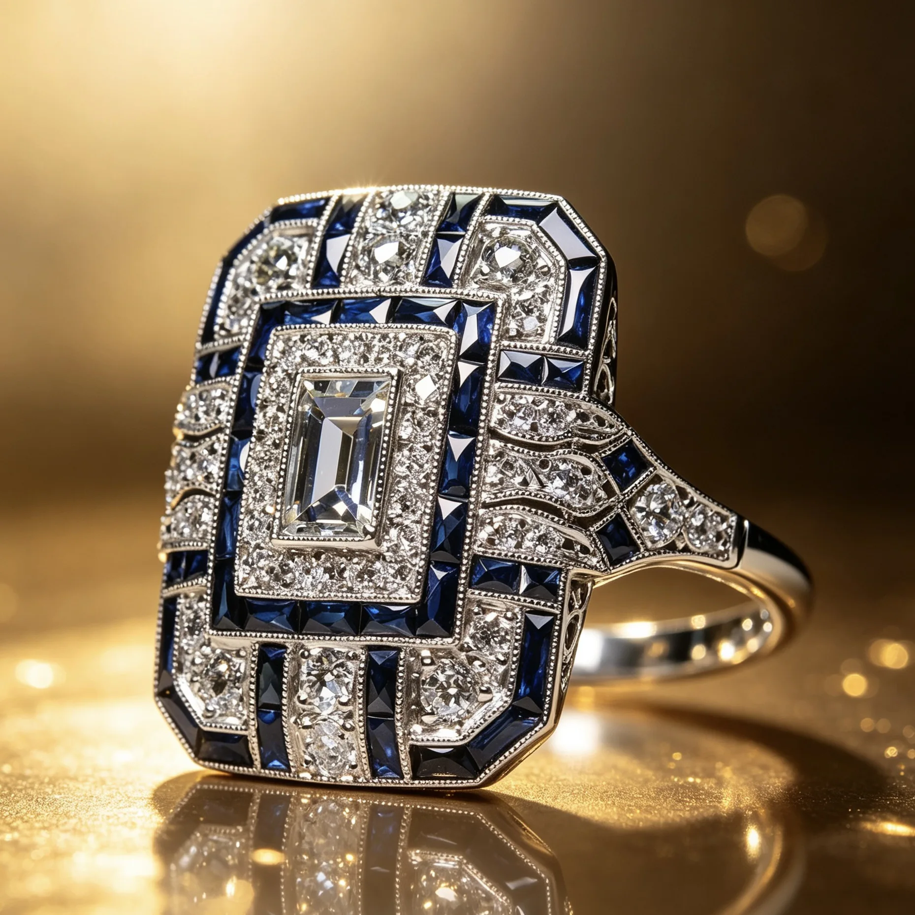 Vintage Dark Blue Mosaic Zircon Inlay Ring, Hypoallergenic Jewelry, Birthday Anniversary Cocktail Party Gift for Ring Collectors