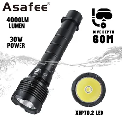 Asafee-強力なLED懐中電灯xhp70, 60m,非常に明るい,30w,トーチ,ipx8,防水,ダイビングランプ