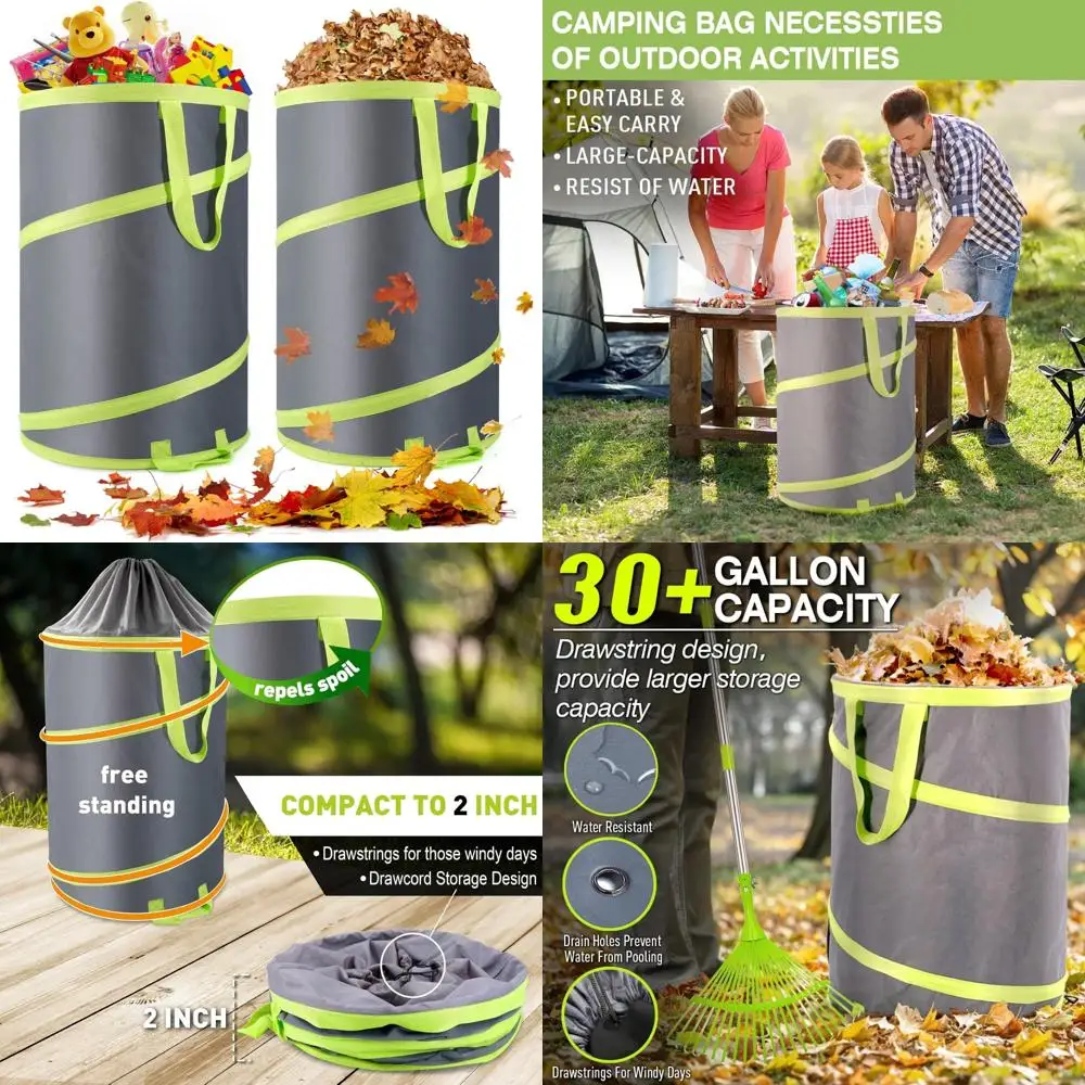 

resuable leaf bag 2 pack, collapsible trash can for camping, garden waste bag pop up, 120l large yard waste container with drain