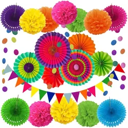 20 Pcs Pom Poms Flowers Hanging Paper Fans Triangle Bunting Flags and Garlands String Polka Dot for Birthday Party Mexican Party