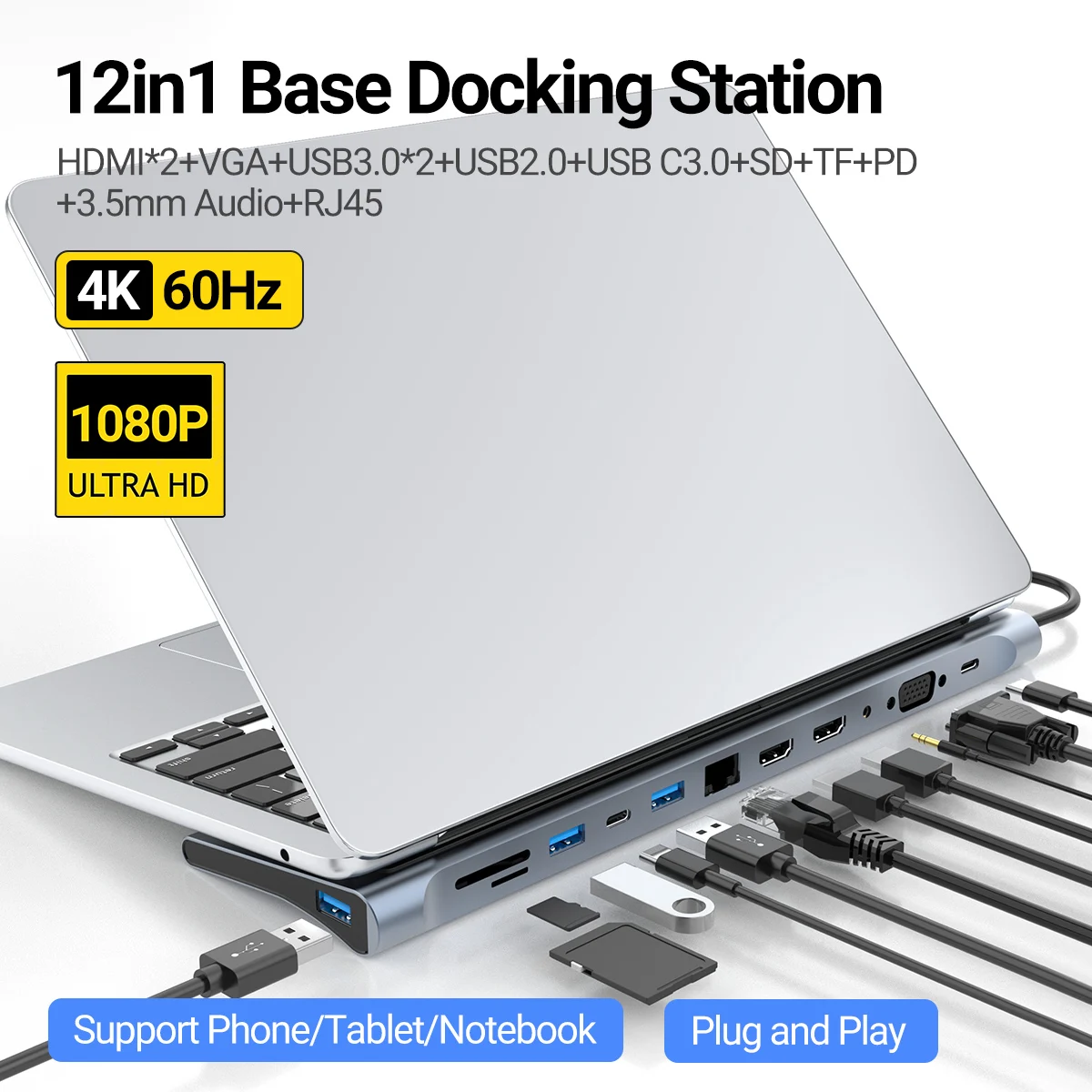 12 in 1 USB-C Docking Station Triple Monitor with HDMI1.4*2+VGA+USB3.0/2.0+RJ45 100M+SD/TF+PD+TYPE C for Mac Pro/Air DELL ASUS