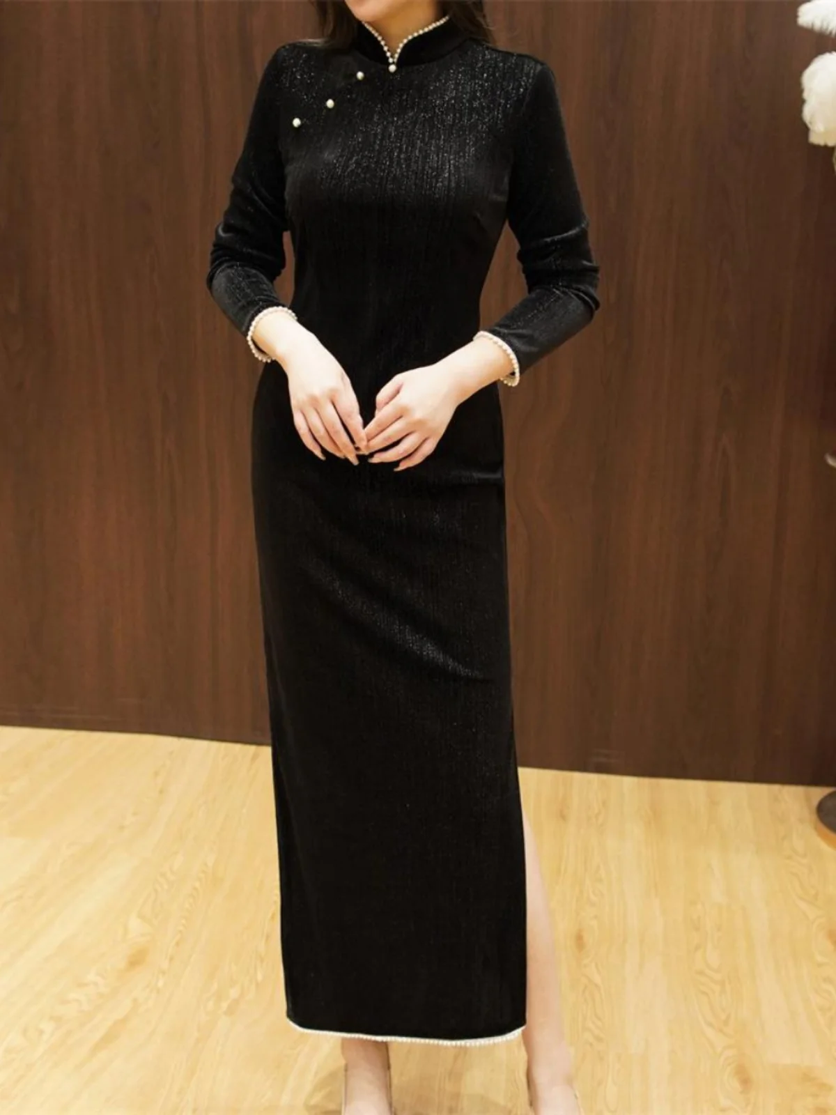 Ele Long Velvet Qipao Dr Pearl Collar Side Slit Slimming Split High Waist Chinese Sle Evening Gown for Women