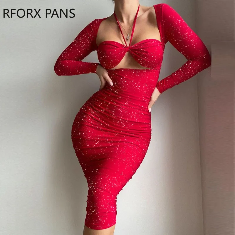 Women Glitter Glamorous Long Sleeves Halter Hollow out Bodycon Midi Bodycon Sexy Formal Party Red Dress