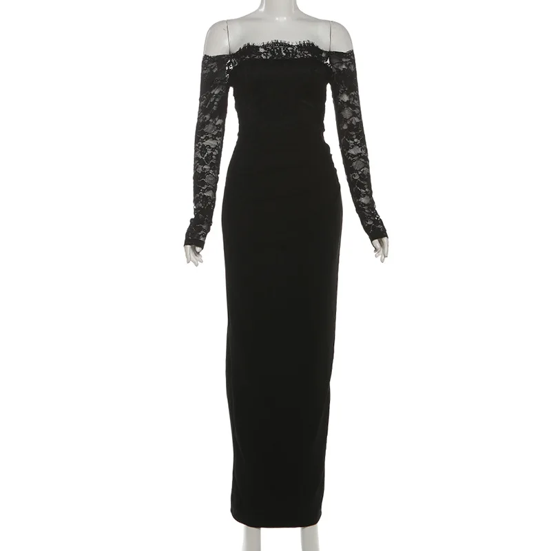 Renda preta fora do ombro vestido de manga longa feminino primavera outono nova emenda saia longa bodycon cintura cinch sexy festa de aniversário